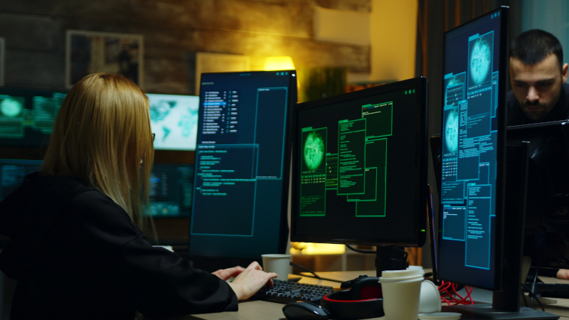 Beautiful hacker girl working with another dangerous cyber criminals